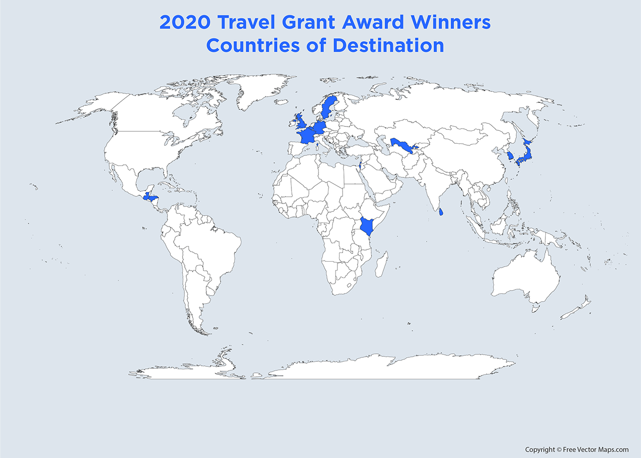 Map of travel grant locations: highlighted countries include South Korea, Japan, Sri Lanka, Guatemala, Honduras, Belgium, Sweden, United Kingdom, France, Germany, Uzbekistan, Kenya, Iseral