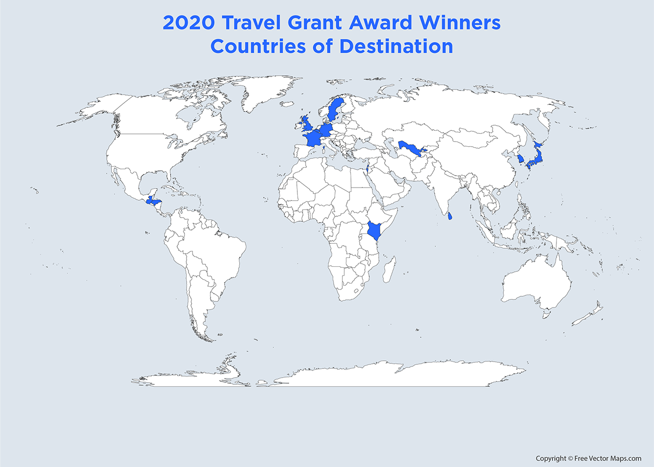 Map of travel grant locations: highlighted countries include South Korea, Japan, Sri Lanka, Guatemala, Honduras, Belgium, Sweden, United Kingdom, France, Germany, Uzbekistan, Kenya, Israel