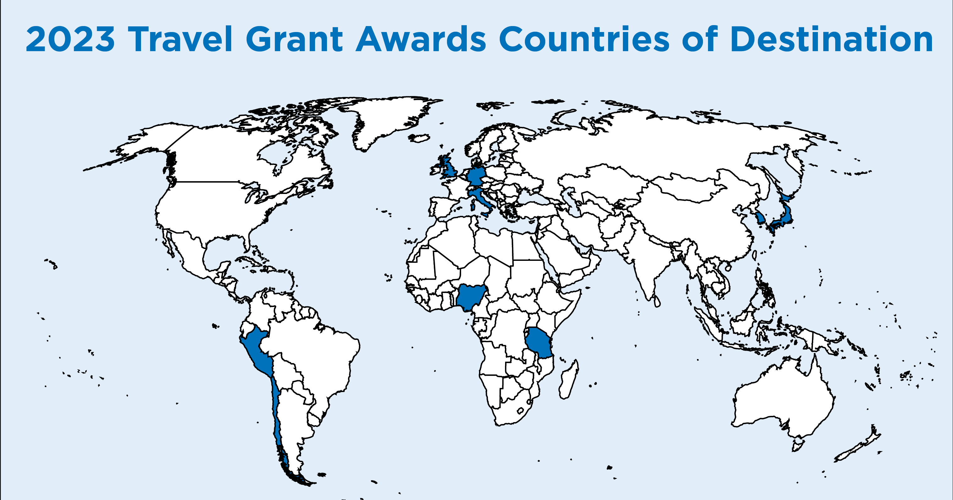 Map of travel grant locations: highlighted countries include Chile, Peru, the United Kingdom, Berlin, Italy, Tanzania, Nigeria and South Korea.
