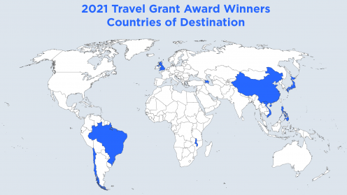 Map of travel grant locations: Japan, Philippines, Vietnam, Brazil, Chile, England, China, Azerbaijan, Malawi